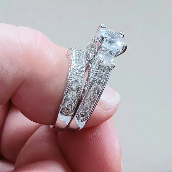 2pc Silver Wedding Ring Set, Stamped S925. - Picture 2 of 2